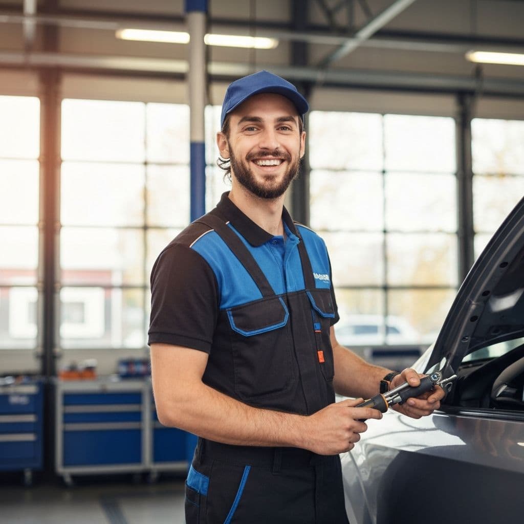 Monteur van de mobiele accuservice bij zijn servicebus